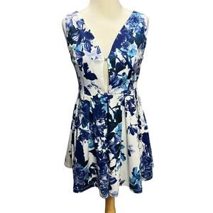 Angl Mini Dress Women S White Blue Floral Plunge V Neck Pleated Fit Flare Skater